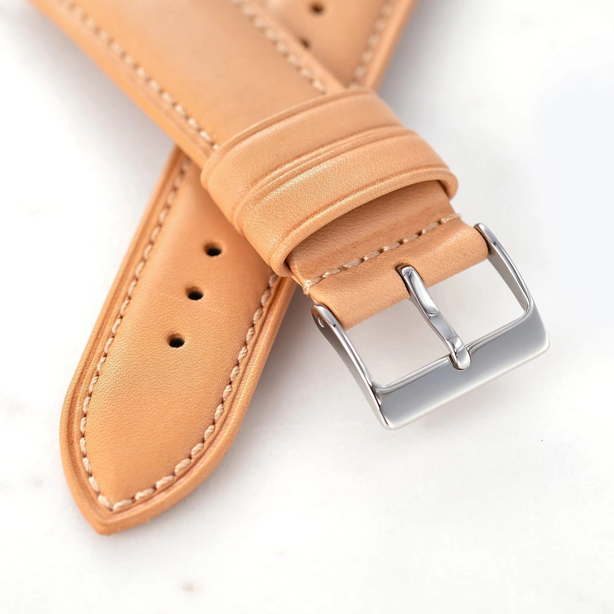 20mm 22mm Quick Release Padded Leather Watch Strap - Natural Leather Full Stitch