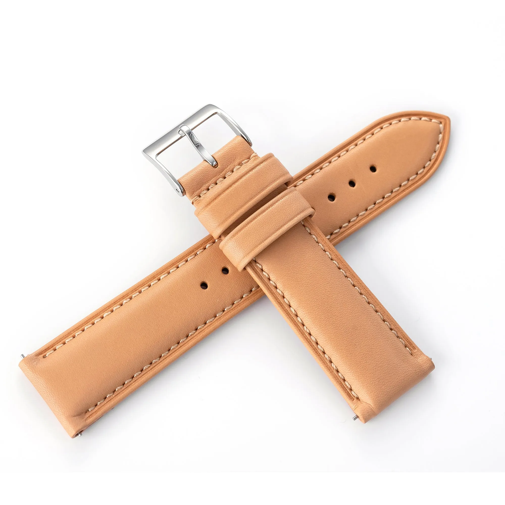 20mm 22mm Quick Release Padded Leather Watch Strap - Natural Leather Full Stitch