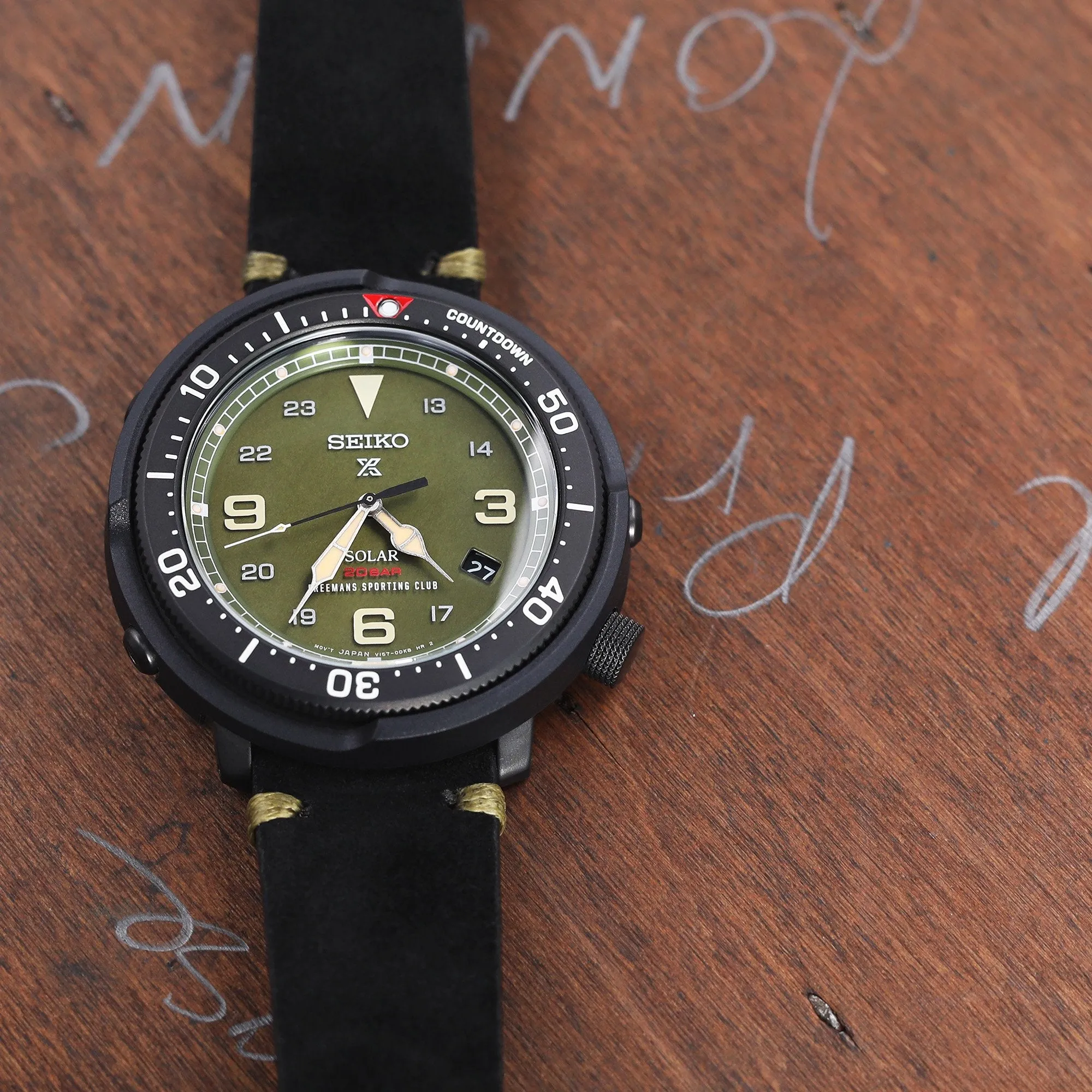 20mm Black Quick Release Italian Suede Leather Strap,  Military Green St.