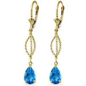 3 Carat 14K Solid Yellow Gold Fleur De Lis Blue Topaz Earrings