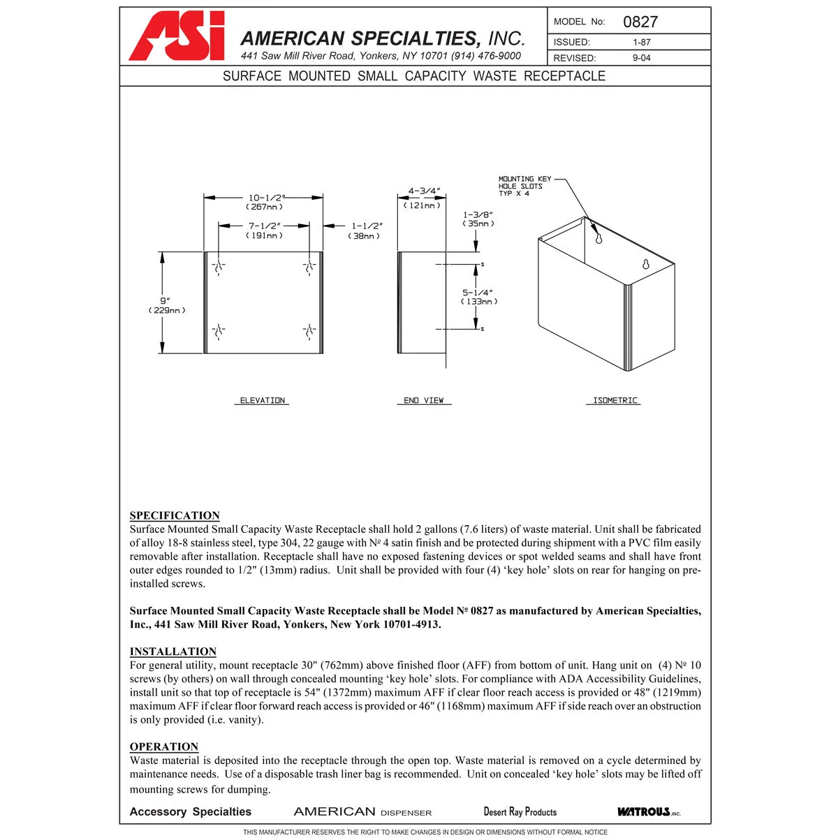 ASI 0827 Commercial Restroom Waste Receptacle, 2 Gallon, Surface-Mounted, 10-1/2" W x 9" H, 4-3/4" D, Stainless Steel