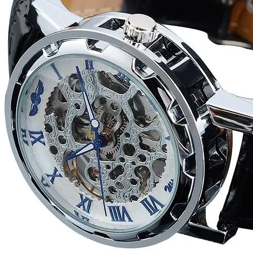 Classic Men's Black Leather Band Skeleton Mechanical Sports Army Wrist Watch