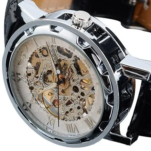 Classic Men's Black Leather Band Skeleton Mechanical Sports Army Wrist Watch