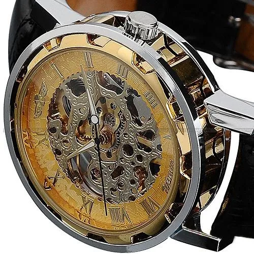 Classic Men's Black Leather Band Skeleton Mechanical Sports Army Wrist Watch