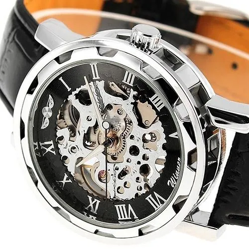 Classic Men's Black Leather Band Skeleton Mechanical Sports Army Wrist Watch