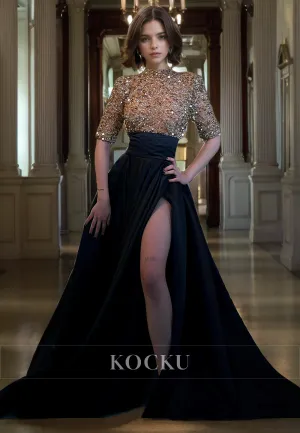 Elegant & Luxurious Sparkly Half sleeves A-Line Split Evening Party Prom Dress