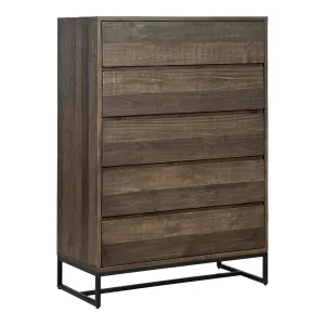 Elena Solid Pine and Stainless Steel Brown 5 Drawer Chest