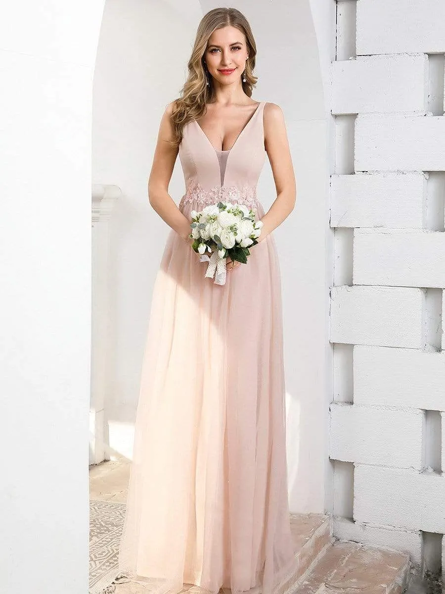 Fashion V Neckline Applique Tulle Maxi Bridesmaid Dress