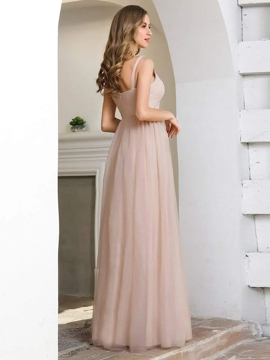 Fashion V Neckline Applique Tulle Maxi Bridesmaid Dress