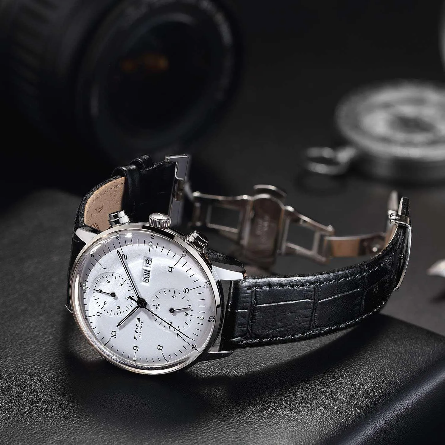 FEICE Mens Automatic Watch - Bauhaus-Inspired Design, Waterproof, Calendar, Leather Band, Casual Dress Wristwatch - FM121 (White)