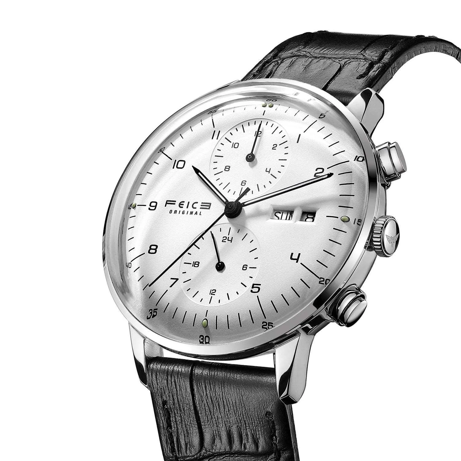 FEICE Mens Automatic Watch - Bauhaus-Inspired Design, Waterproof, Calendar, Leather Band, Casual Dress Wristwatch - FM121 (White)