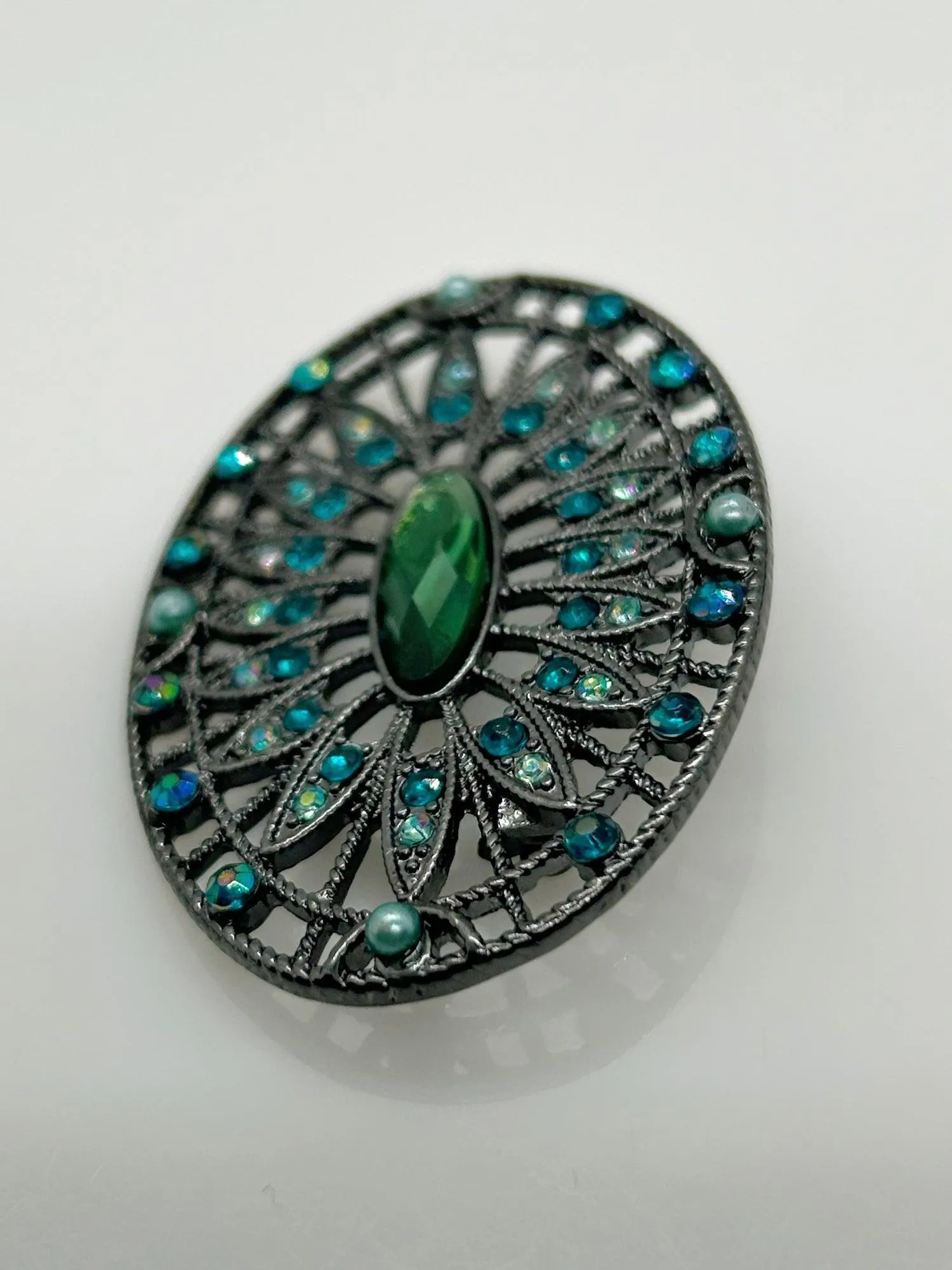 Green and Blue Rhinestone Edwardian Style Brooch in Blackened Frame