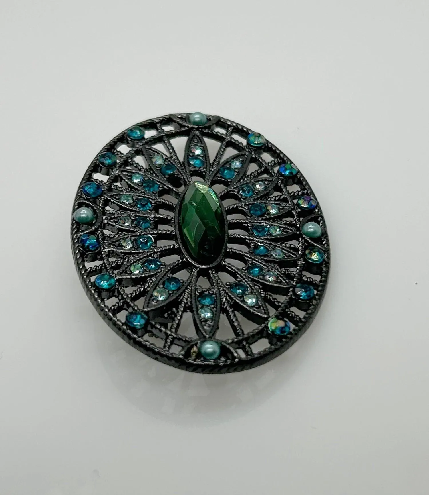 Green and Blue Rhinestone Edwardian Style Brooch in Blackened Frame