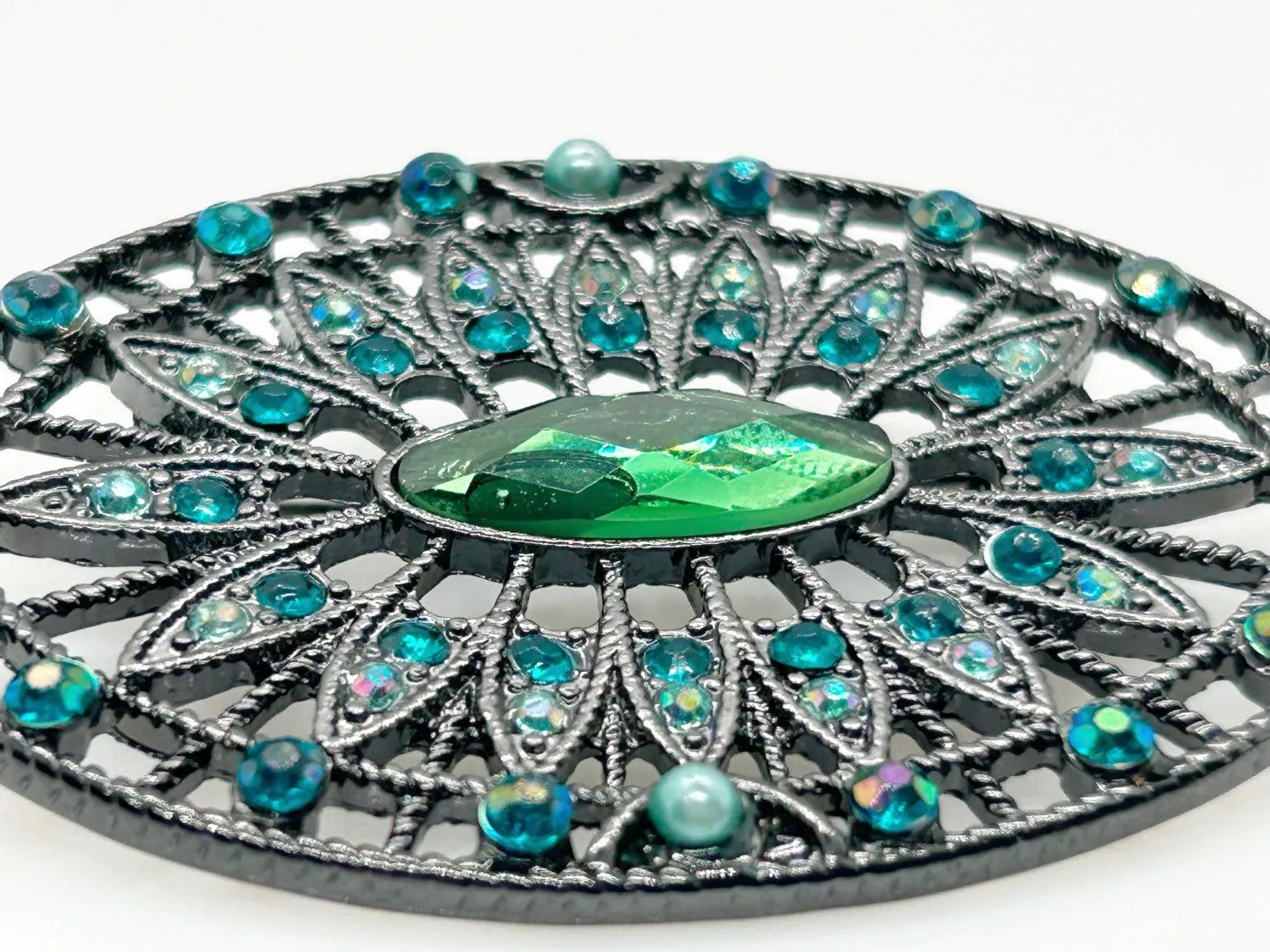 Green and Blue Rhinestone Edwardian Style Brooch in Blackened Frame