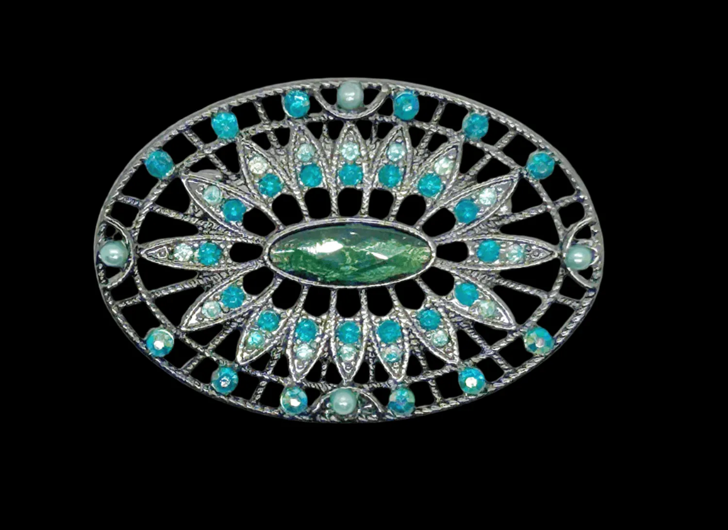 Green and Blue Rhinestone Edwardian Style Brooch in Blackened Frame