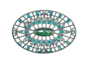 Green and Blue Rhinestone Edwardian Style Brooch in Blackened Frame