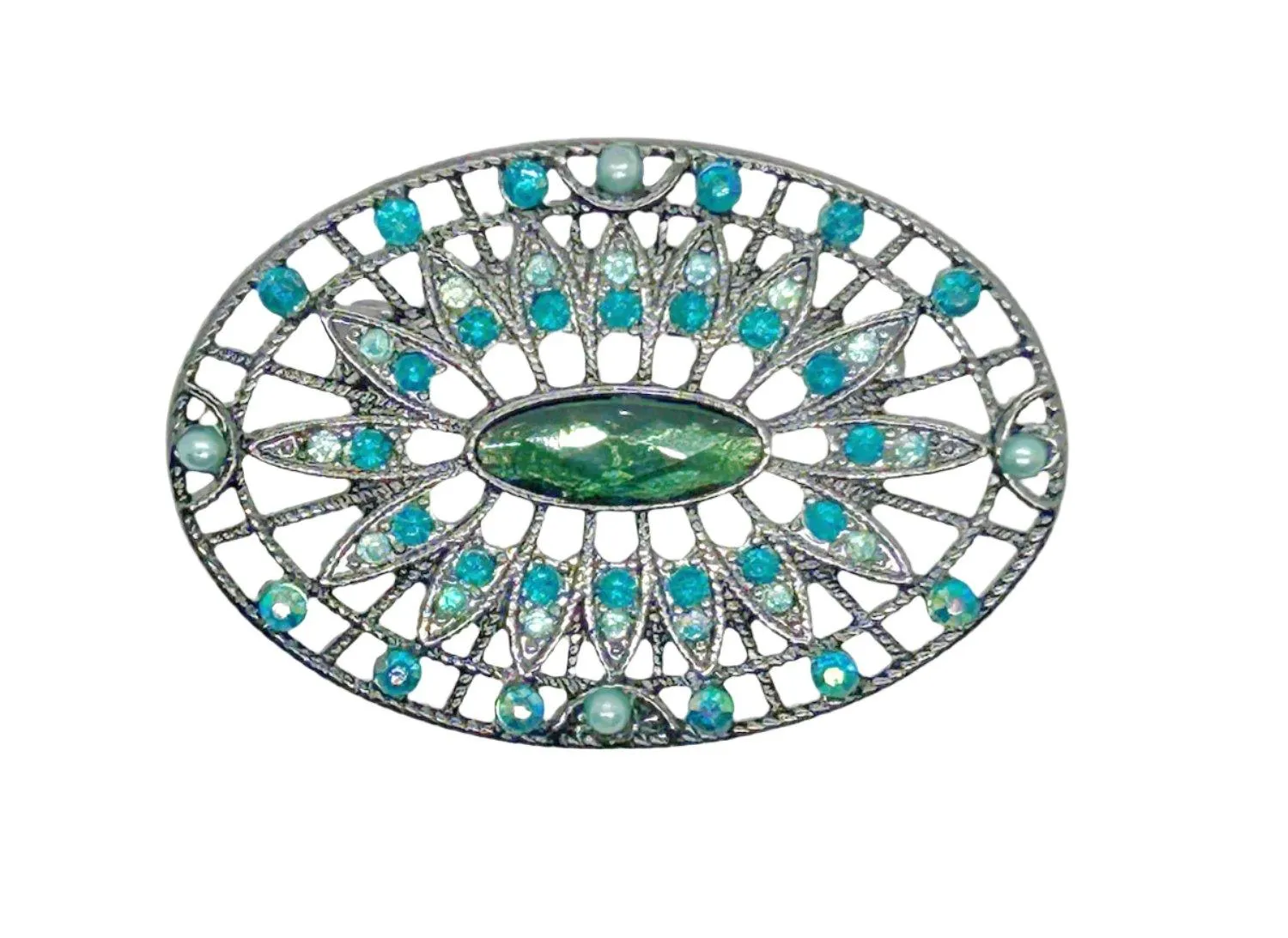 Green and Blue Rhinestone Edwardian Style Brooch in Blackened Frame