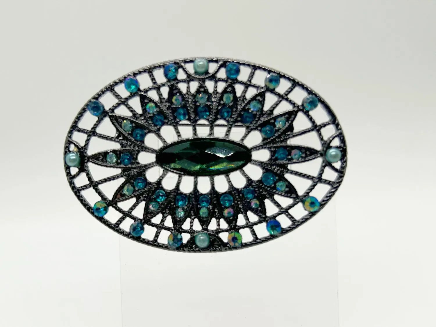 Green and Blue Rhinestone Edwardian Style Brooch in Blackened Frame