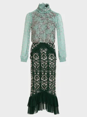 Isa Silk B Dress in Jade Green Embroidered