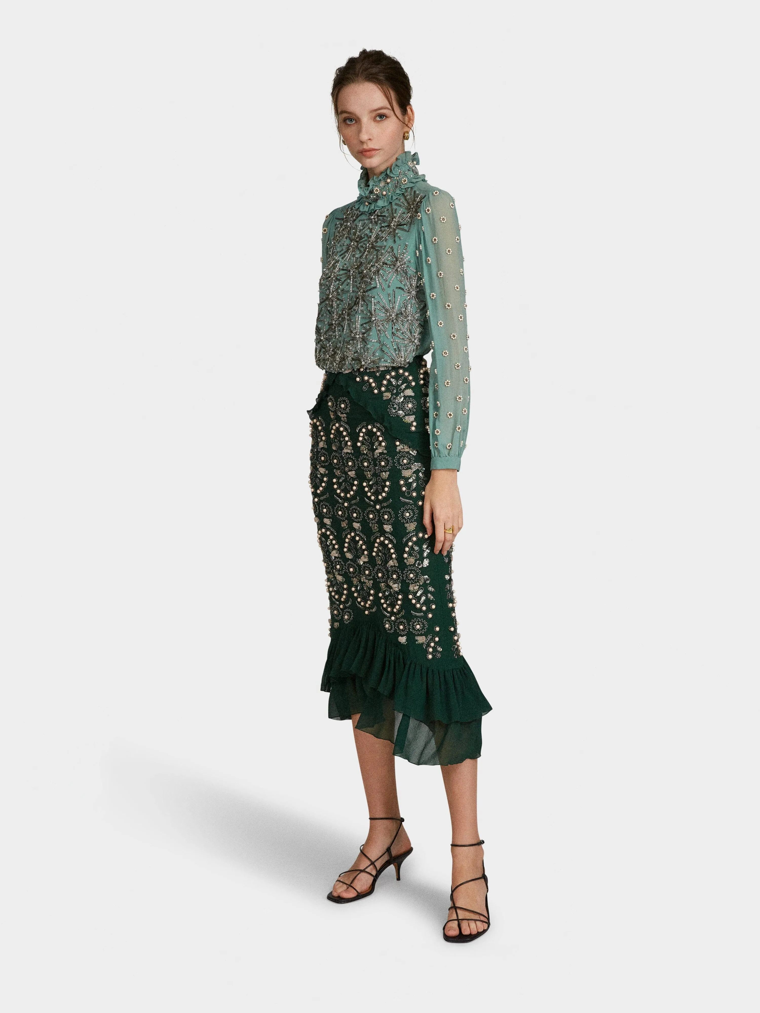 Isa Silk B Dress in Jade Green Embroidered