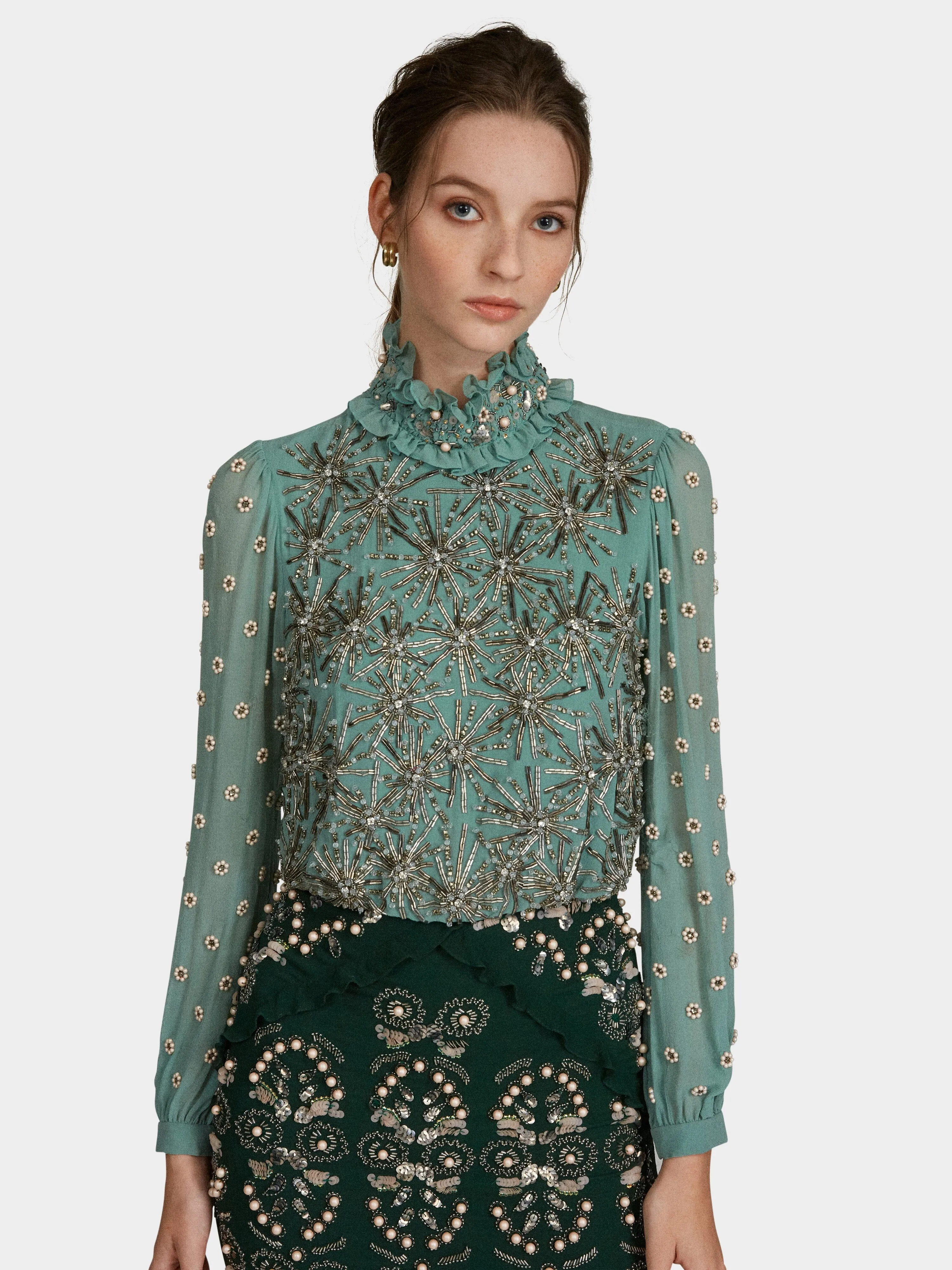 Isa Silk B Dress in Jade Green Embroidered