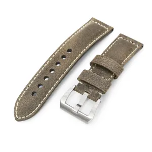 MiLTAT 24mm Genuine Olive Brown Distressed Leather Watch Strap Extra Soft, Beige Stitching