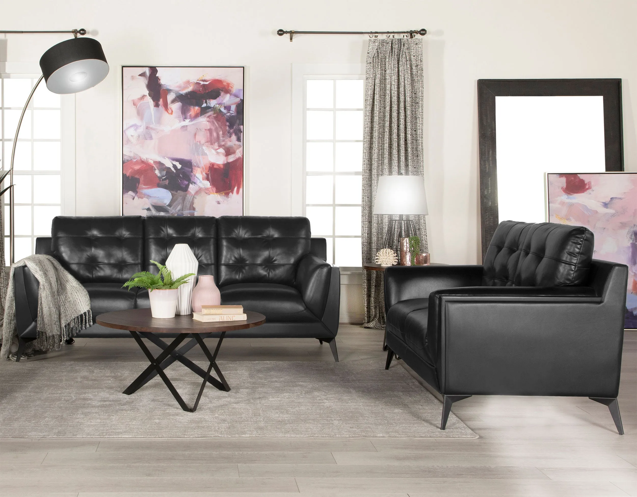 Moira Upholstered Tufted Living Room Set with Track Arms Black