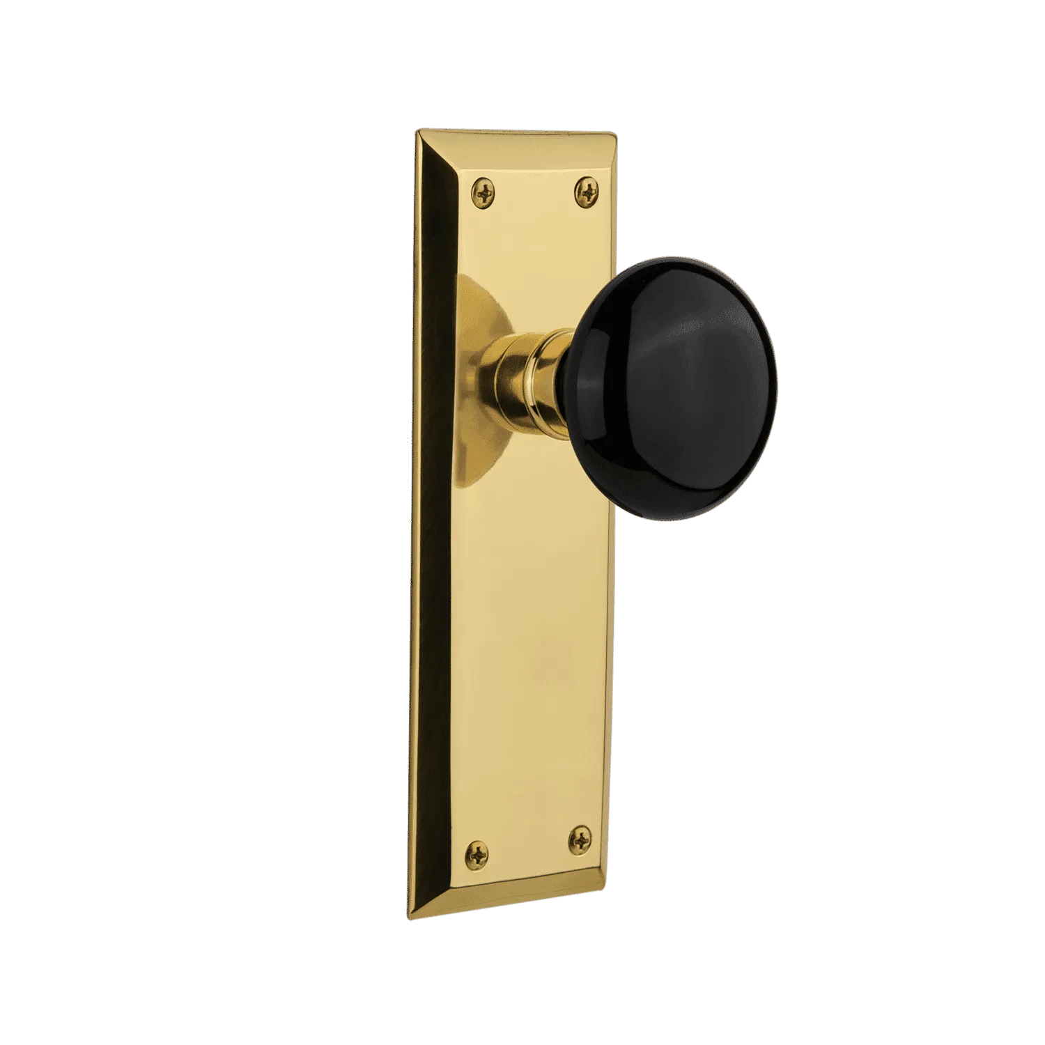 New York Long Plate with Black Porcelain Knob in Unlacquered Brass