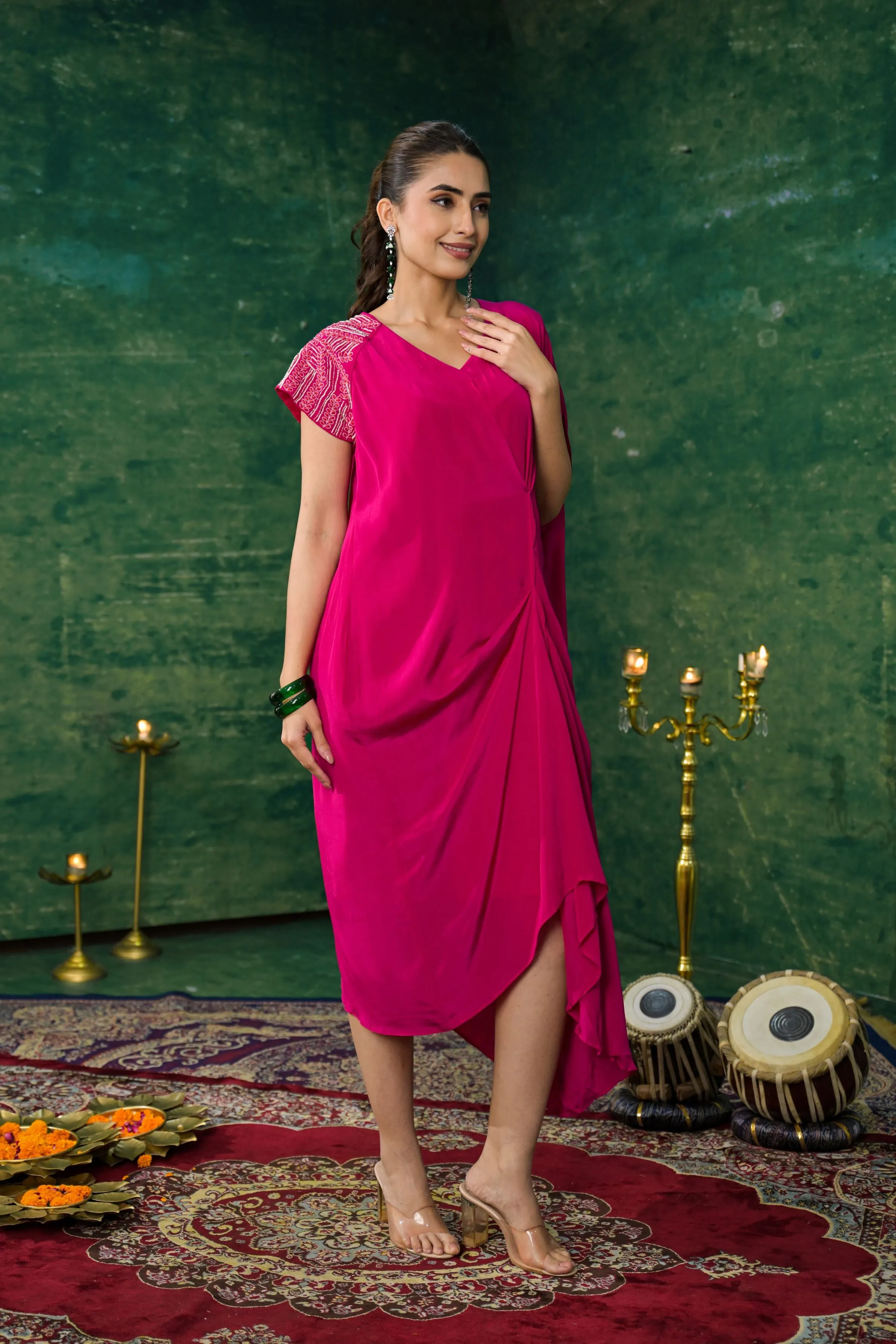 Pink Premium Silk Draped Dress