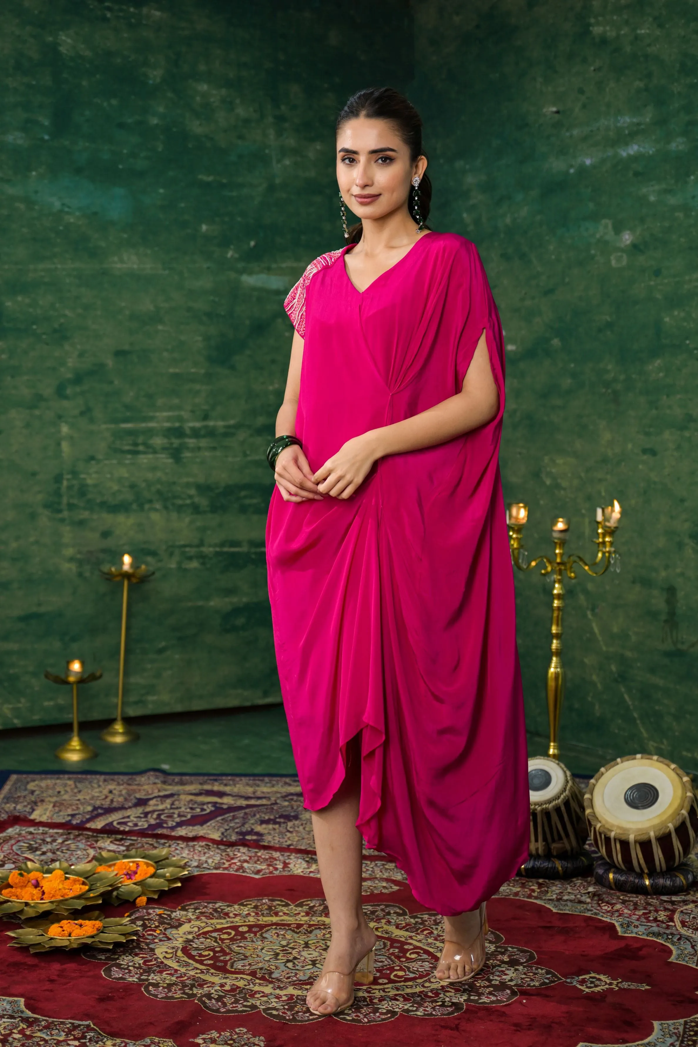 Pink Premium Silk Draped Dress