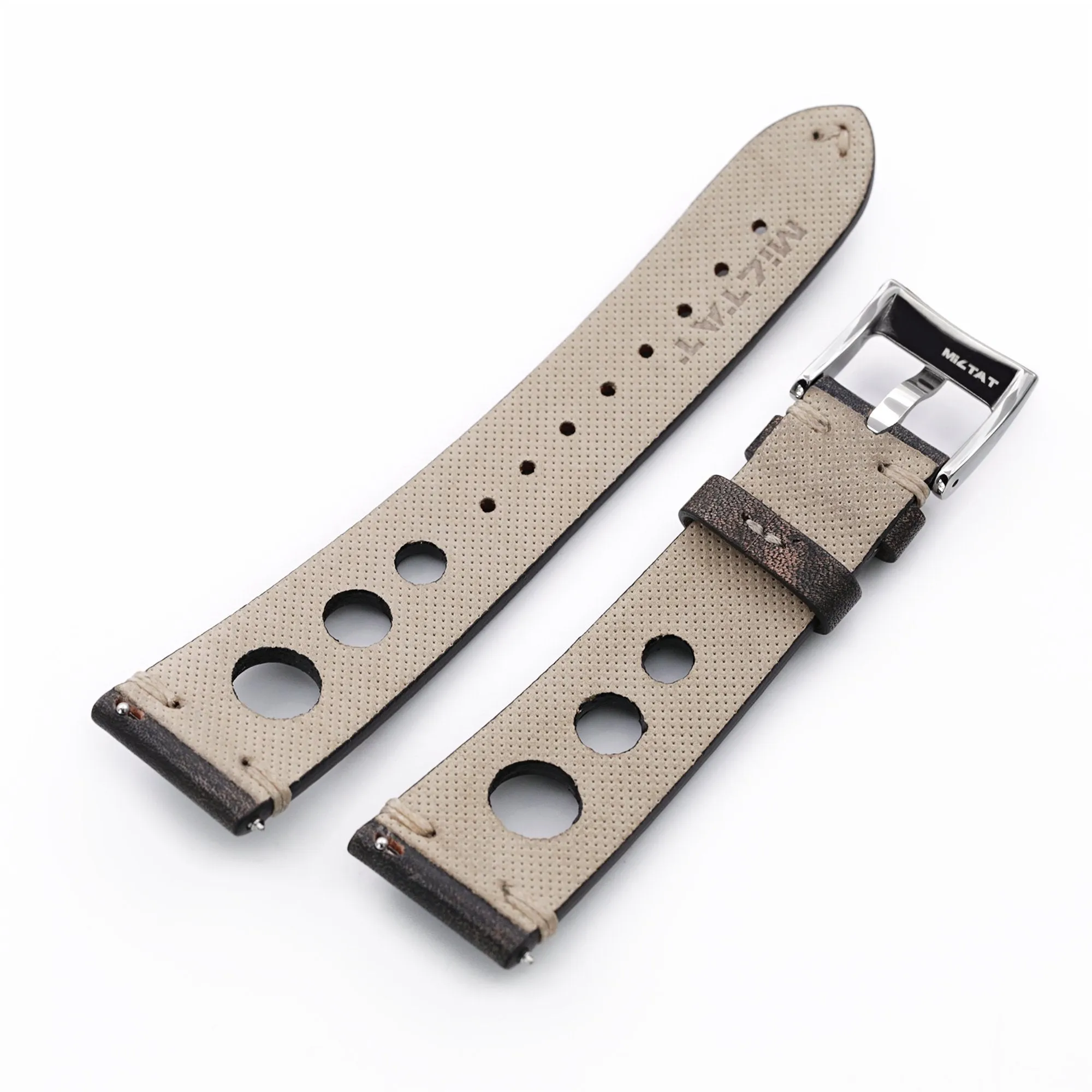 Q.R. 19mm or 20mm Blackish Brown Leather Italian Handmade Racer Watch Band, Beige Stitch.