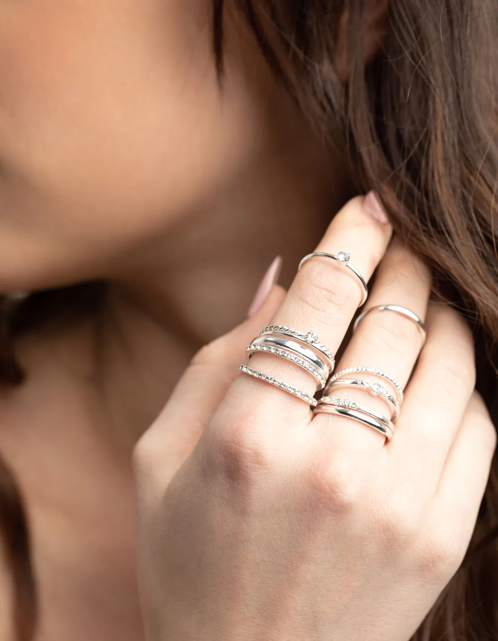 Silver Diamante Mixed Band Ring Stack Pack