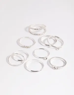 Silver Diamante Mixed Band Ring Stack Pack