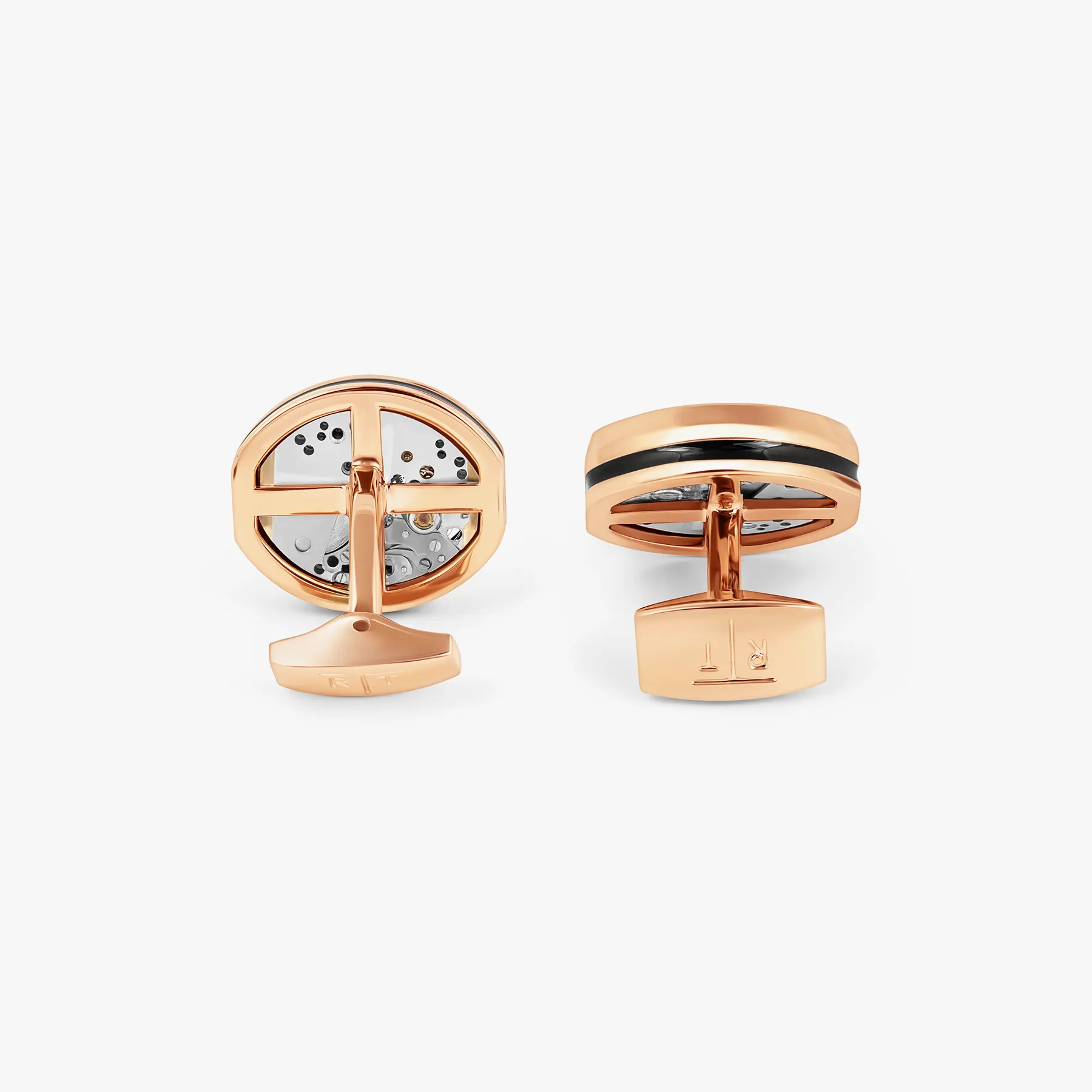 Tonneau Skeleton Cufflinks in Rose Gold & Black Enamel