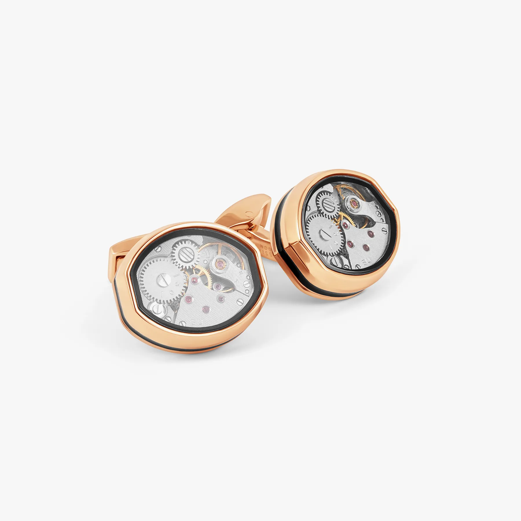 Tonneau Skeleton Cufflinks in Rose Gold & Black Enamel