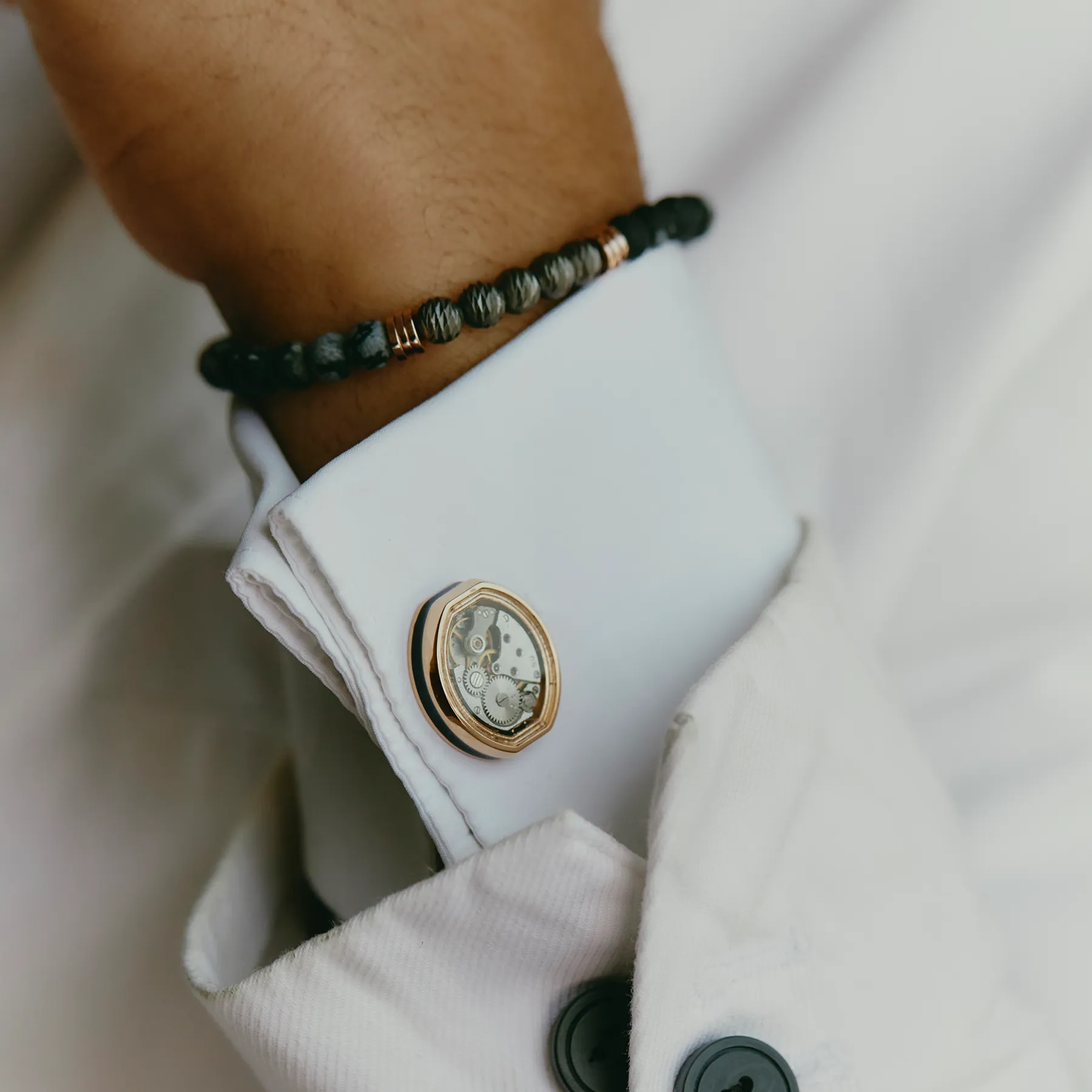 Tonneau Skeleton Cufflinks in Rose Gold & Black Enamel