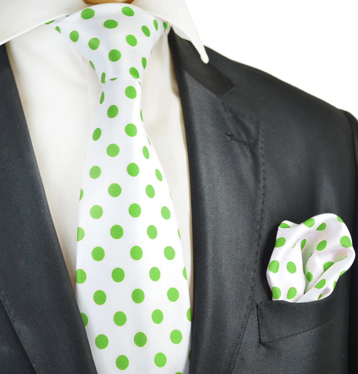 White and Lime Polka Dot Tie and Pocket Square